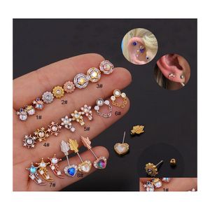 Cuelga la lámpara Cz Cartílago Stud Pendiente Mujeres Moda Colorf Pendientes de cristal Acero inoxidable Helix Oreja Piercing Joyería A76Z Dhmna