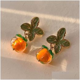 Cuelga la lámpara cuelga la lámpara linda caqui color naranja flor hoja pendientes colgantes para las mujeres dulce niña bola de cristal esmaltada 20 dhgox