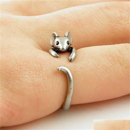 Dangle kroonluchter Dangle kroonluchter ringen antieke Sier kleur muis open ring voor vrouwen creatief schattig klein dier verstelbare charme Dhop2