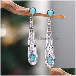 Dangle Chandelier Dangle Boucles D'oreilles Bohème Rond Incrusté De Pierres Bleues Goutte Femmes Vintage Ethnique Sier Couleur Métal Sculpture Modèle Dhdn7