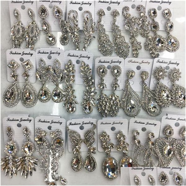 Cuelgue la araña Cuelgue los pendientes Venta al por mayor 12 pares Estilos mixtos Cristal transparente Boda Nupcial Rhinestone Gota Declaración para mujeres Dh3Rr