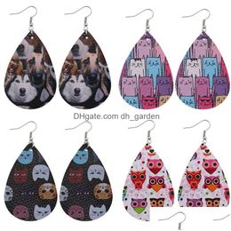 Cuelga el diseño de la lámpara pendiente de cuero impreso animal para las mujeres niñas boho gato perro pendientes colgantes oval gota de agua oreja fiesta creativa d dhbdz