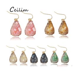 Dangle Lustre Designer Colof Main Résine Druzy Boucles D'oreilles En Pierre Naturelle Pour Les Femmes Plaqué Or Goutte D'eau Forme Oreille De Mariage Je Otdtt