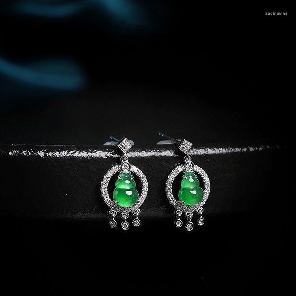 Dangle Lustre Designer Original Argent Incrusté Graine Soleil Vert Naturel Calcédoine Gourd Boucles D'oreilles Élégant De Luxe Dames Marque Bijoux