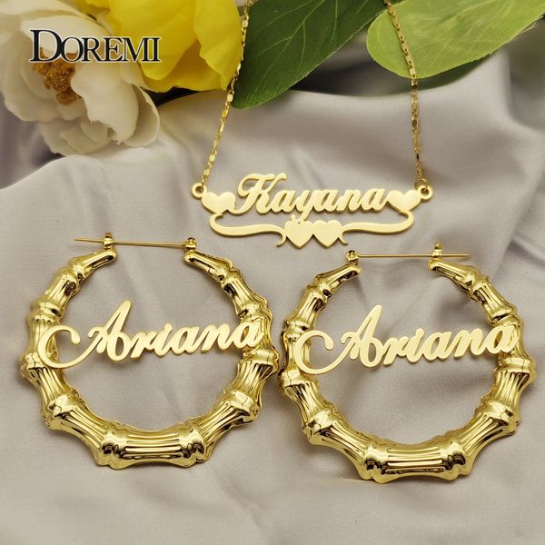 Dangle Chandelier DOREMI One Name Boucles d'oreilles et collier set Tile Chain Round Bamboo Boucles d'oreilles Lettre en bambou personnalisée Nom personnalisé Boucles d'oreilles Cadeau 230630