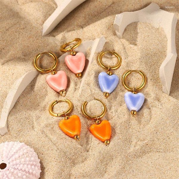 Dangle lustre goutte boucle d'oreille pour femmes pendentif couleur Style en acier inoxydable boucles d'oreilles rose clair/bleu fille bijoux cadeauDangle Farl22