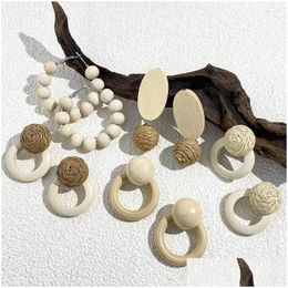 Boucles d'oreilles lustre pendantes Aensoa fait à la main boule tissée blanche goutte de bois pour femmes ethniques rotin tricot cercle rond en bois bohême juif Dhrdp