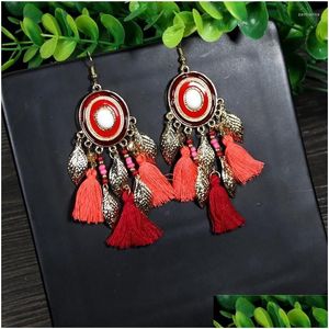 Dangle lustre boucles d'oreilles bohème ethnique longue feuille de métal perle de riz gland ovale goutte glaçure boucle d'oreille à la main femme fête de vacances Dhqkk