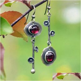 Dangle Lustre Boucles D'oreilles Bohème Incrusté De Pierre Rouge Fleur Os Suspendu Pendentif Cadeaux De Fête Femmes Sier Couleur Ajouter Tempérament Goutte De Ote40