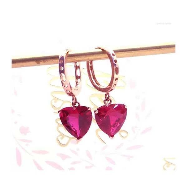 Boucles d'oreilles lustre pendantes classique 585 plaqué or violet 14 carats rose incrusté coeur rubis pour femmes doux mariage romantique fiançailles J Dhnyi