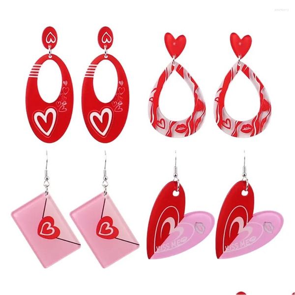 Cuelga los pendientes de la lámpara Fishsheep Valentines Pink Acrílico Corazón Amor para las mujeres Labios rojos Forma Larga Chicas Joyería Regalos Gota Entregar Otpbh