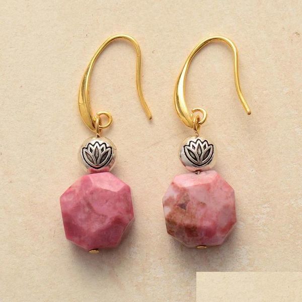 Cuelga los pendientes de la lámpara Gorgeous Women Drop Jewelry Rhodonite Lotus Pendiente Piedras naturales Bijoux Entrega al por mayor Dhnfm