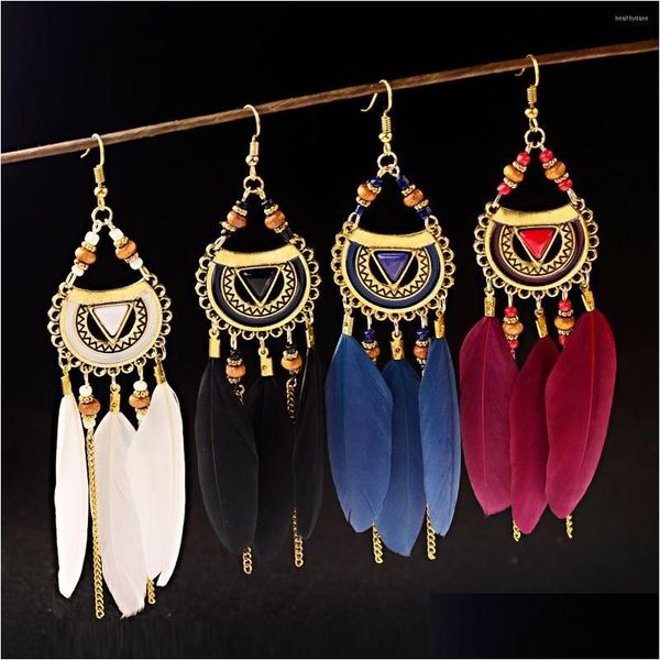 Cuelga los pendientes de la lámpara gitana joyería étnica estilo bohemio retro aleación redonda textura geométrica borla pluma señoras colgante g dhvni