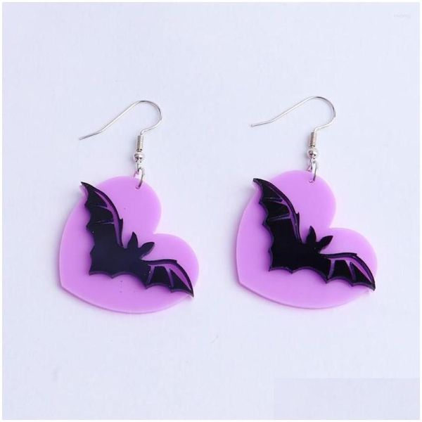 Dangle Chandelier Boucles d'oreilles Halloween Black Bat Purple Peach Heart Acrylique Drop pour femmes fille drôle bijoux mode cadeau livraison Dhfd8