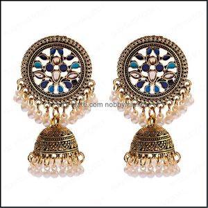 Dangle kroonluchter oorbellen sieraden etnische dames grote ronde geoxideerde Indiase vintage bloem Bohemian Pearl Tassel Jhumka Earring Drop Delive