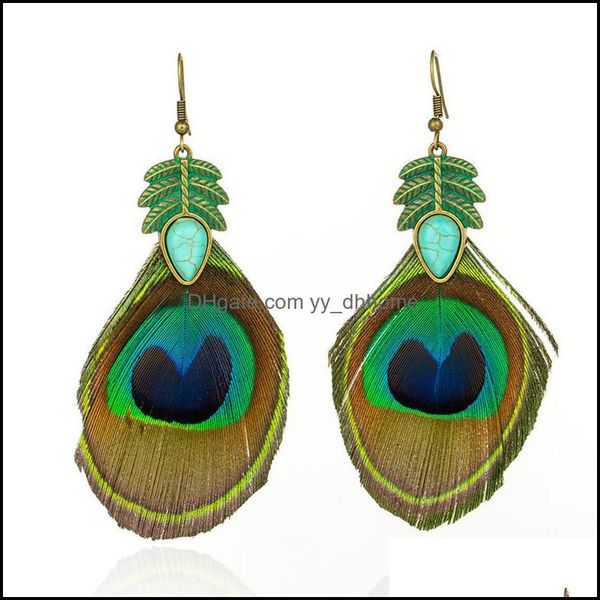 Dangle Lustre Boucles D'oreilles Bijoux Ethnique Rétro Feuilles Vert Feuille Nature Pierre Long Gland Plume De Paon Boucle D'oreille Pour Les Femmes Brincos Drop