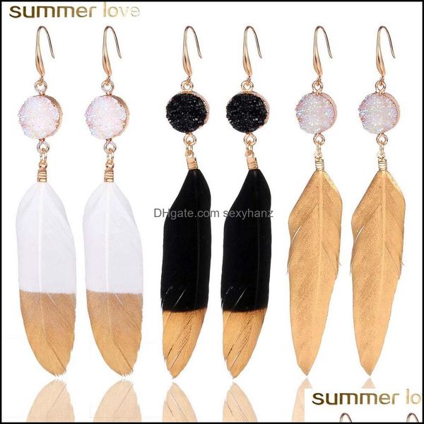 Cuelga los pendientes de la lámpara Joyería Moda Resina Piedra Bohemio Negro Blanco Oro Pendiente de pluma para las mujeres Chapado en la oreja Regalos de boda Gota