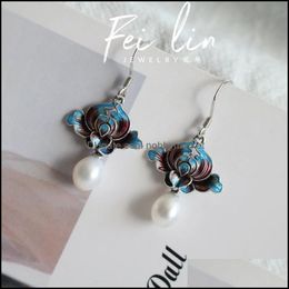 Bengelen kroonluchter oorbellen sieraden origineel ontwerp email porselein bloemblaadjes parel Chinese stijl retro charm licht luxe damesmerk sier