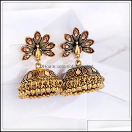 Pendientes colgantes de araña joyería Vintage antiguo pavo real indio tallado Jhumka Jhumki mujeres Boho étnico oro campanas pendiente gota entrega