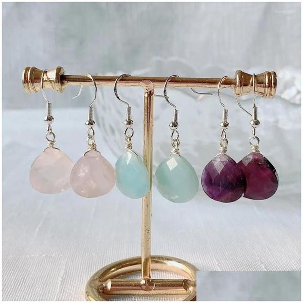 Pendientes colgantes de araña Gota de piedra de cristal natural para mujer Lapislázuli Rosa Púrpura Pequeña gota de agua Color plateado Cuelga Entrega curativa Otign