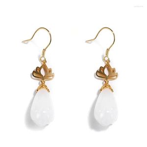 Dangle Chandelier Boucles d'oreilles Sa Sierage S925 Sterling Sier Naturel Hetian Blanc Jade Lotus Lady Style National Rétro Tempérament Joker M Ot7C2