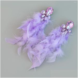 Dangle kroonluchter oorbellen verklaring oorbel voor vrouwen bruids gekleurde kristallen veer lange hangende kwast luxe fuchsia prom sieraden Dhwhd
