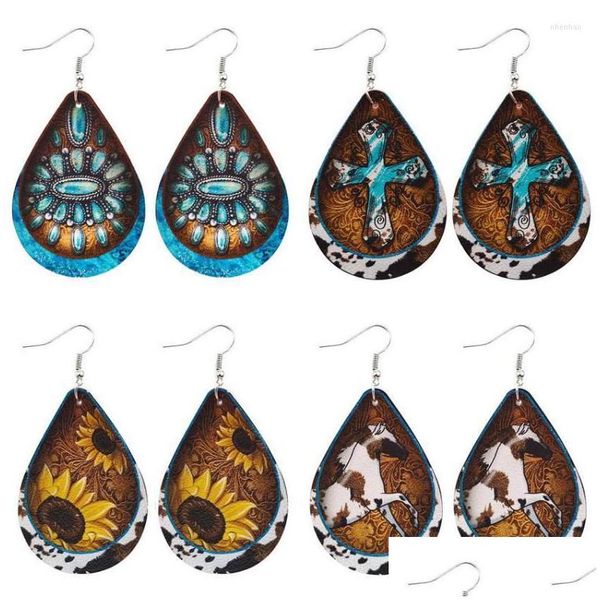 Cuelga los pendientes de la lámpara Western Girasol Cowe Turquesa Cruz Impresión PU Lágrima de cuero para las mujeres Vintage Joyería grande Drop Deliv DH8IJ