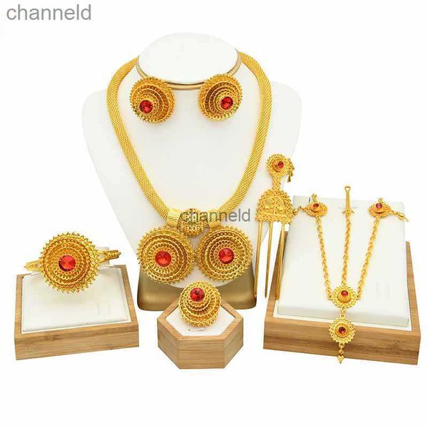 Lámpara colgante de rubí rojo etíope, conjunto de joyas con collar chapado en oro, pendientes, pulsera, anillo de Dubai para novia africana de Oriente Medio HKD230822