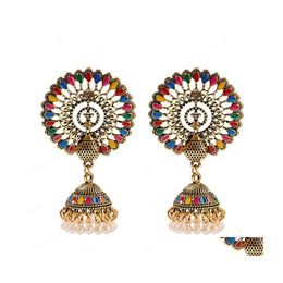 Bengelen kroonluchter etnische grote ronde pauw Indiase antieke antieke jhumka oorrmen vrouwen vintage bohemian retro parel pearl tassel bel tibetan ea dh6s3