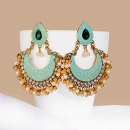 Boucles d'oreilles Jhumka turques sculptées pour femmes, lustre ethnique rétro, secteur vert, bijoux indiens, pompon en perles, 231216