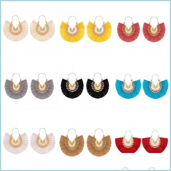 Dangle Chandelier Ethnic Style 10Colors Fan Shape Gland Pendentif Dangle Creux Alliage Fringe Eardrop Charm Oreille Accroché Femmes Boucle D'oreille J Dh1Jw