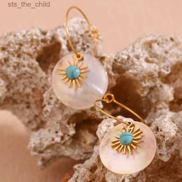 Dangle Chandelier Boucles d'oreilles pendantes en forme de tournesol turquoise artificiel de style ethnique, plaqué or 18 carats, bijoux et accessoires de plage imperméablesC24326