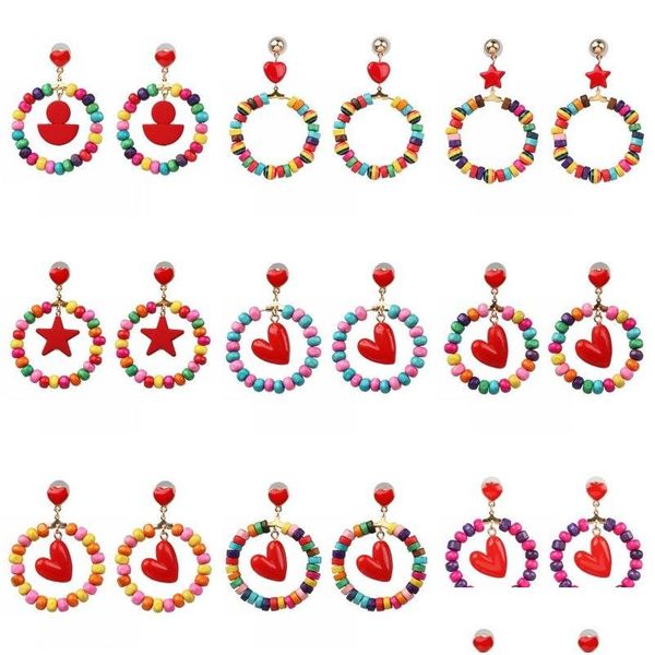 Dangle Lustre Style Ethnique Boucles D'oreilles En Bois Pour Les Femmes À La Main Bohème Colorf Perles Fivepointed Star Hoop Charm Party Bijoux Dr Dhdla