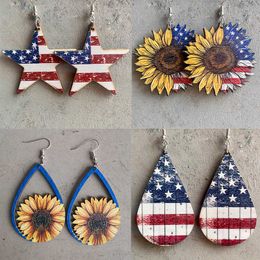 Boucles d'oreilles pendantes ethniques en bois avec étoile et tournesol, drapeau du jour de l'indépendance américaine, cactus rouge et bleu, gouttes d'eau, chapeau en cuir, boucles d'oreilles occidentales Z0411