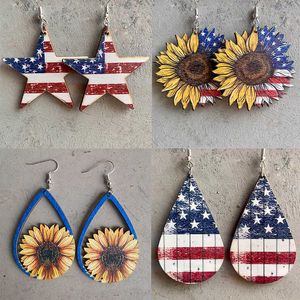 Dangle Kroonluchter Etnische Houten Ster Zonnebloem Oorbellen Amerikaanse Onafhankelijkheidsdag Vlag Rood Blauw Cactus Waterdruppels Hoed Lederen Westerse Oorbellen Z0411