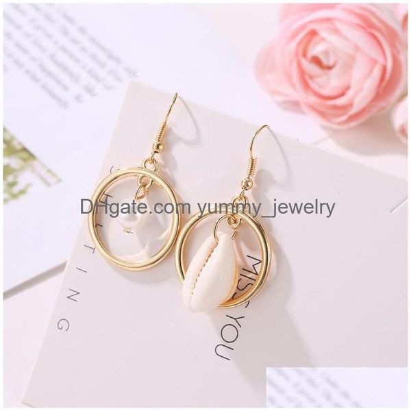 Dangle Lustre Européen Et Américain Asymétrique Plage Conque Dangle Boucles D'oreilles Pour Femmes Coquille Ronde Fausse Perle Goutte Mode Bijou Dh72G