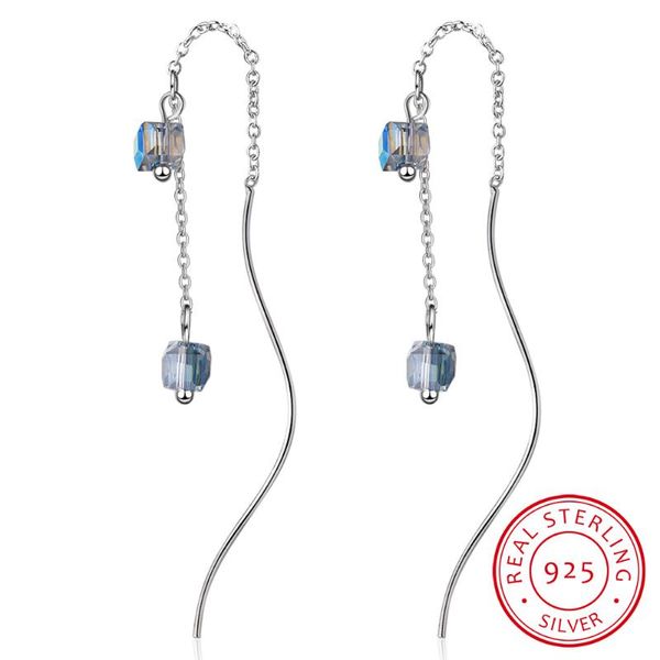 Dangle Lustre Exquis Simple Mode 925 Sterling Silver Cube Cristal Gland Ondulation Oreille Ligne Longues Boucles D'oreilles Pour WomenDangle