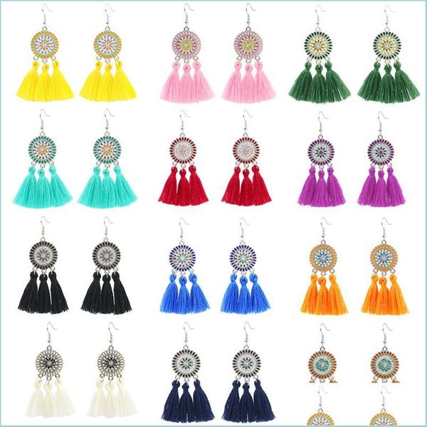 Dangle Lustre Mode Bohème Laine Gland Dangle Boucles D'oreilles En Alliage De Zinc Soleil Fleur Fringe Dangling Drop Boucles D'oreilles Pour Les Femmes Jewelr Dhm5M