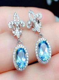 Dangle Lustre Mode Chic Bleu Cristal Aigue-marine Topaze Pierres Précieuses Diamants Boucles D'oreilles Pour Femmes Fille Or Blanc Argent C5800926