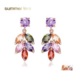 Dangle Lustre Mode Colorf Zircon Feuille Boucles D'oreilles Pour Les Femmes Rose Plaqué Or Feuilles Arc-En-Baisse À La Mode Bijoux Partie Livraison Ot4Kf