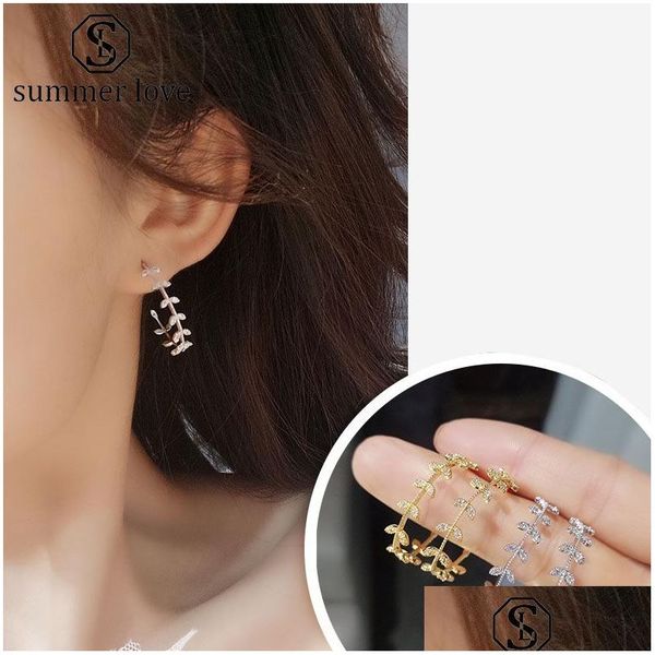 Dangle Lustre Mode Cuivre Incrusté Zircon Feuille Hoop Boucles D'oreilles Pour Les Femmes Or Sier Placage Arbre Branches Cz Boucle D'oreille Weddin Dha0G