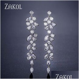 Dangle Lustre Mode Zircone Cubique Feuille Dangle Boucles D'oreilles Pour Femmes Élégantes Cz Cristal Long Gland Mariage De Mariée Dhgarden Otgo2