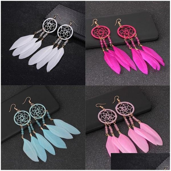 Cuelga la lámpara de moda Dreamcatcher pendientes para las mujeres bohemio Dream Catcher Feather Tassel hecho a mano Diy Long Party Jewelry Dr Dhvzx