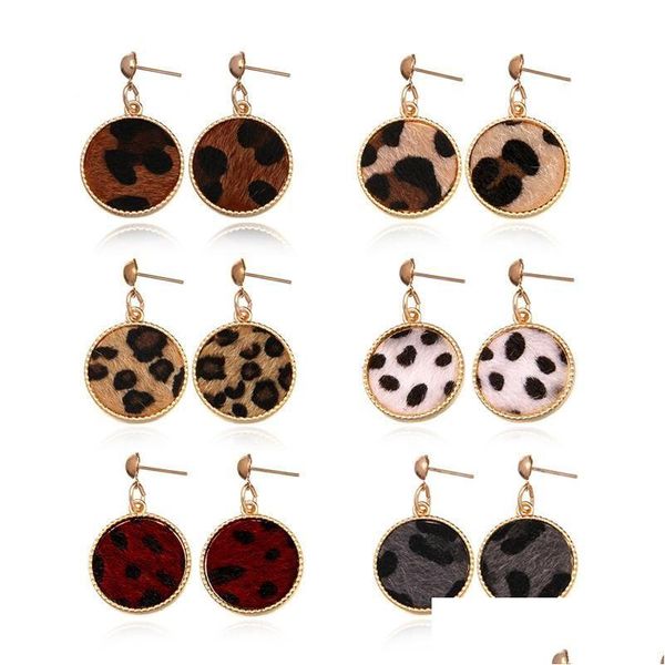 Cuelgue la lámpara de moda chapado en oro Cheetah Pendientes redondos para mujer Diseñador Animal Print Leopard Leather Disc Stud Declaración C Dhblu