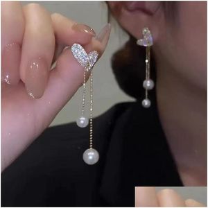 Dangle Lustre Mode Bijoux S925 Sier Aiguille Diamant Coeur Fausse Perle Boucles D'oreilles Pour Femmes Longue Gland Goujon Drop Livraison Dhxrf