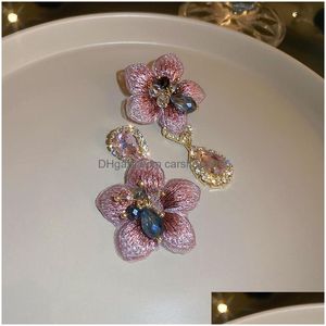 Bengelen kroonluchter mode sieraden s925 sier post bloem bengelen oorbellen kristal strass waterdruppel hanger bloemen asymmetrische dhc8c