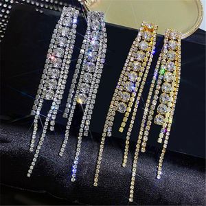 Pendientes colgantes de cristal con borla larga para mujer, aretes colgantes geométricos dorados con diamantes de imitación, joyería para fiesta de bodas, regalos