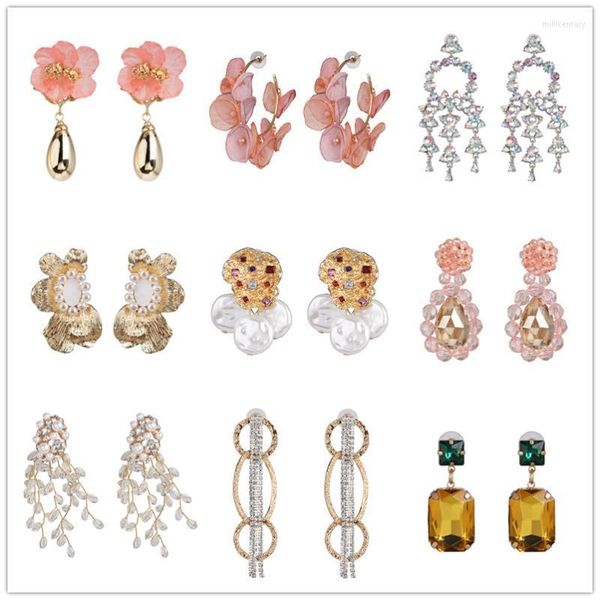 Cuelga la lámpara de la manera de la flor del metal pendientes largos de encaje perla cristal gota mujeres maxi declaración encanto joyería regalo de fiesta 2022Dangle Mill