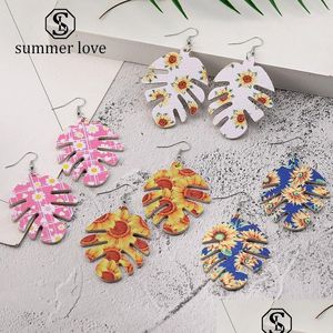 Dangle Lustre De Mode Pu Boucles D'oreilles En Cuir Pour Les Femmes Boho Tournesol Daisy Impression Os De Poisson Double Côté Partie Bijoux Christma Dhd8K