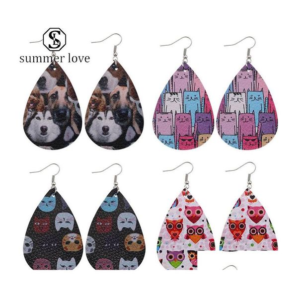 Cuelga la lámpara de la moda PU cuero gota de agua impreso animal perro gato búho pendientes chapado gancho gota pendiente regalo diseñador joyería dhhtu